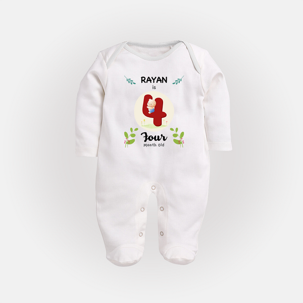 Customized Baby Full Sleeve Bodysuit/ Sleep Suit/ Jumpsuit | Celebrate 4th Month | Soft & Comfy Fit Full Sleeve Bodysuit/ Sleep Suit/ Jumpsuit - WHITE - New Born (Chest 7.5")