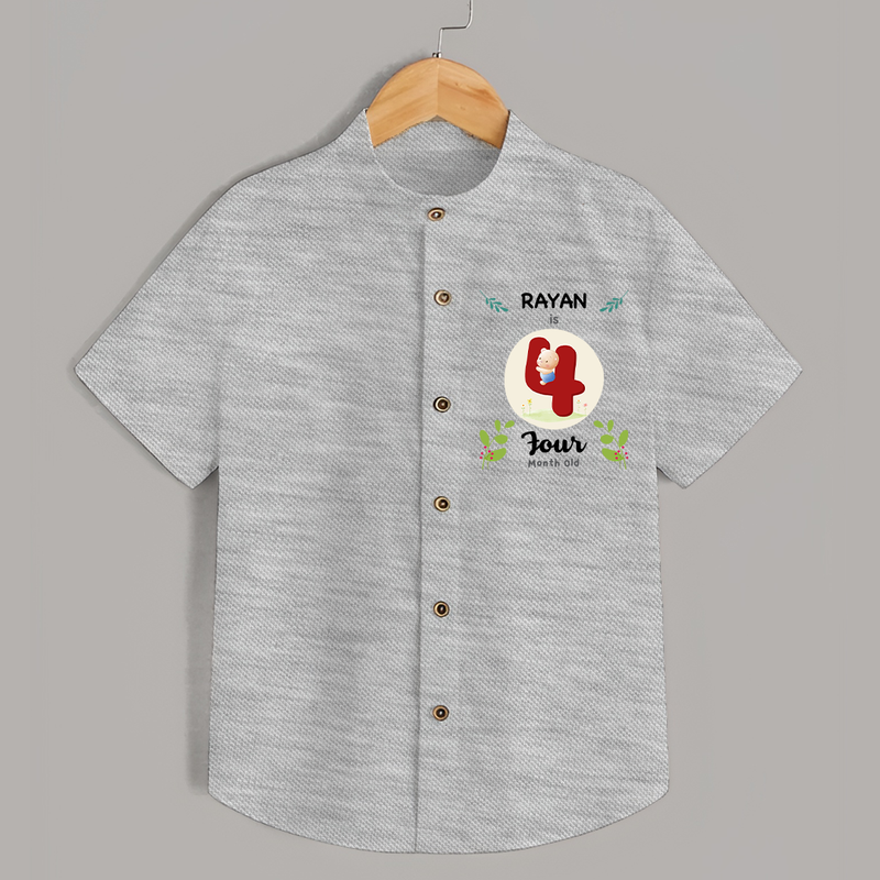 Customized Baby Shirt | Celebrate 4th Month | Soft & Comfy Fit Shirt - GREY - 0 - 6 Months Old (Chest 23")
