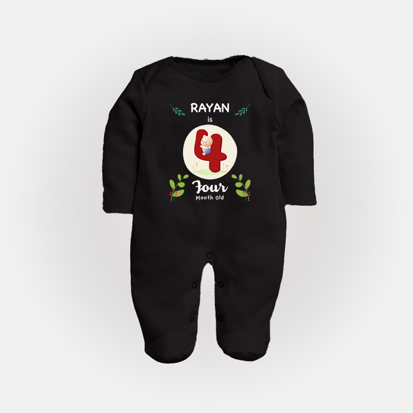 Customized Baby Full Sleeve Bodysuit/ Sleep Suit/ Jumpsuit | Celebrate 4th Month | Soft & Comfy Fit Full Sleeve Bodysuit/ Sleep Suit/ Jumpsuit - BLACK - New Born (Chest 7.5")