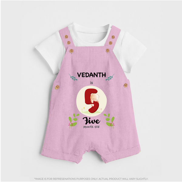 Customized Baby Dungaree Set | Celebrate 5th Month | Soft & Comfy Fit Dungaree Set - BABY PINK - 0 - 5 Months Old (Chest 18")