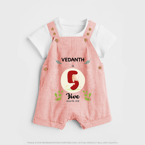 Customized Baby Dungaree Set | Celebrate 5th Month | Soft & Comfy Fit Dungaree Set - PEACH - 0 - 5 Months Old (Chest 18")