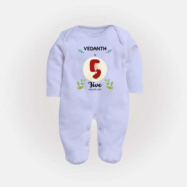 Customized Baby Full Sleeve Bodysuit/ Sleep Suit/ Jumpsuit | Celebrate 5th Month | Soft & Comfy Fit Full Sleeve Bodysuit/ Sleep Suit/ Jumpsuit - BABY BLUE - New Born (Chest 7.5")