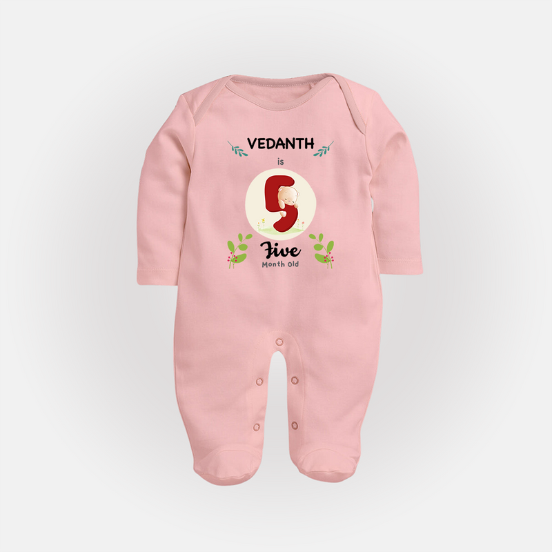 Customized Baby Full Sleeve Bodysuit/ Sleep Suit/ Jumpsuit | Celebrate 5th Month | Soft & Comfy Fit Full Sleeve Bodysuit/ Sleep Suit/ Jumpsuit - BABY PINK - New Born (Chest 7.5")