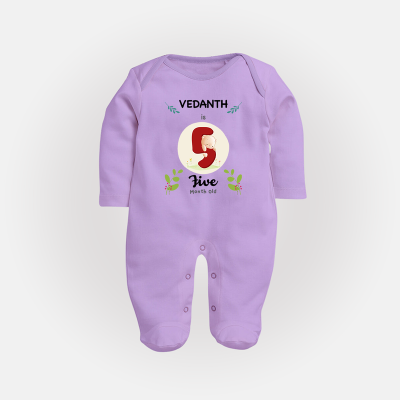 Customized Baby Full Sleeve Bodysuit/ Sleep Suit/ Jumpsuit | Celebrate 5th Month | Soft & Comfy Fit Full Sleeve Bodysuit/ Sleep Suit/ Jumpsuit - LILAC - New Born (Chest 7.5")