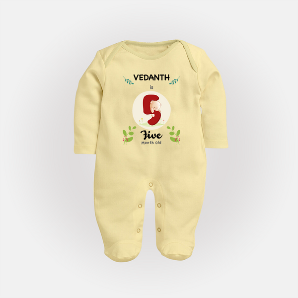 Customized Baby Full Sleeve Bodysuit/ Sleep Suit/ Jumpsuit | Celebrate 5th Month | Soft & Comfy Fit Full Sleeve Bodysuit/ Sleep Suit/ Jumpsuit - PASTEL YELLOW - New Born (Chest 7.5")