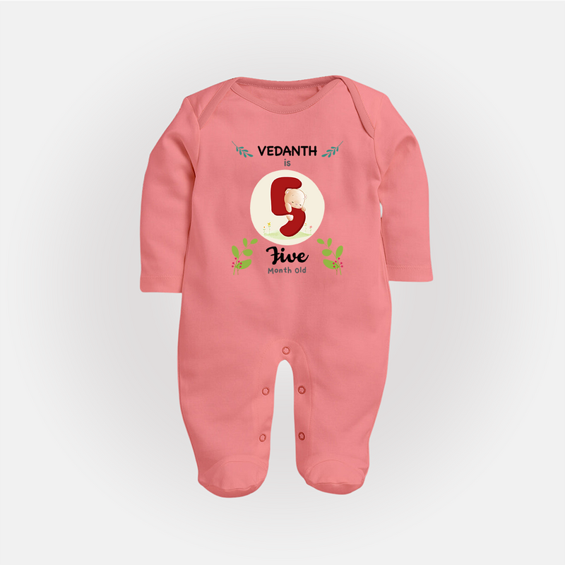 Celebrate Five month of joy with our delightful customized Sleep Suit For Babies - PEACH - New Born (Chest 7.5")