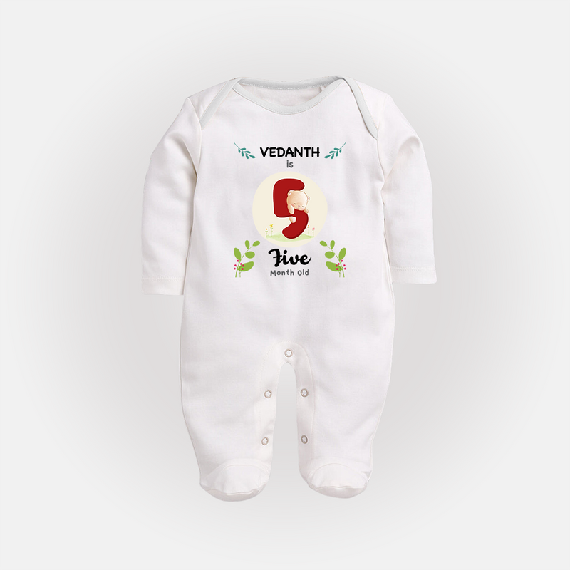 Celebrate Five month of joy with our delightful customized Sleep Suit For Babies - WHITE - New Born (Chest 7.5")