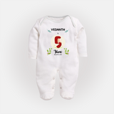 Customized Baby Full Sleeve Bodysuit/ Sleep Suit/ Jumpsuit | Celebrate 5th Month | Soft & Comfy Fit Full Sleeve Bodysuit/ Sleep Suit/ Jumpsuit - WHITE - New Born (Chest 7.5")