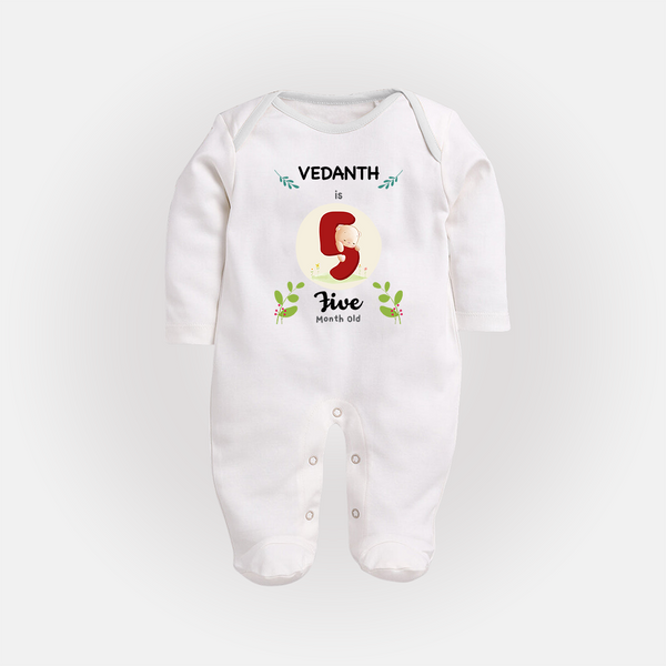 Customized Baby Full Sleeve Bodysuit/ Sleep Suit/ Jumpsuit | Celebrate 5th Month | Soft & Comfy Fit Full Sleeve Bodysuit/ Sleep Suit/ Jumpsuit - WHITE - New Born (Chest 7.5")