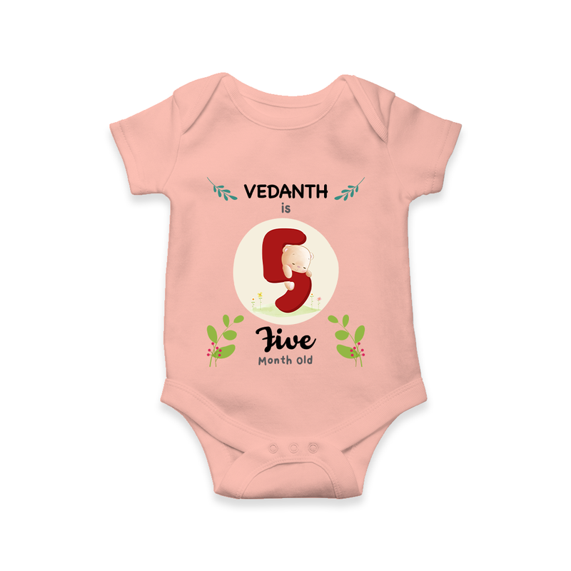 Mark your little one's Fifth month with a personalized romper/onesie featuring their name! - PEACH - 0 - 3 Months Old (Chest 16")