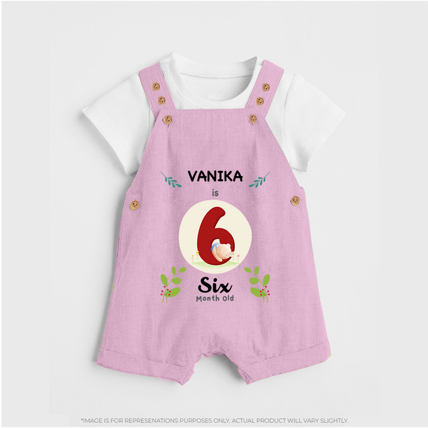 Customized Baby Dungaree Set | Celebrate 6th Month | Soft & Comfy Fit Dungaree Set - BABY PINK - 0 - 5 Months Old (Chest 18")