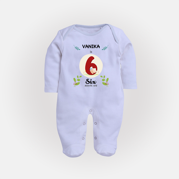 Customized Baby Full Sleeve Bodysuit/ Sleep Suit/ Jumpsuit | Celebrate 6th Month | Soft & Comfy Fit Full Sleeve Bodysuit/ Sleep Suit/ Jumpsuit - BABY BLUE - New Born (Chest 7.5")