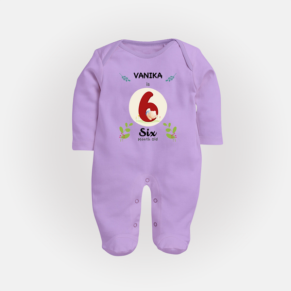 Customized Baby Full Sleeve Bodysuit/ Sleep Suit/ Jumpsuit | Celebrate 6th Month | Soft & Comfy Fit Full Sleeve Bodysuit/ Sleep Suit/ Jumpsuit - LILAC - New Born (Chest 7.5")
