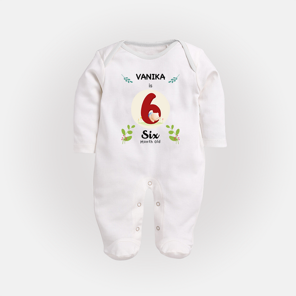 Customized Baby Full Sleeve Bodysuit/ Sleep Suit/ Jumpsuit | Celebrate 6th Month | Soft & Comfy Fit Full Sleeve Bodysuit/ Sleep Suit/ Jumpsuit - WHITE - New Born (Chest 7.5")