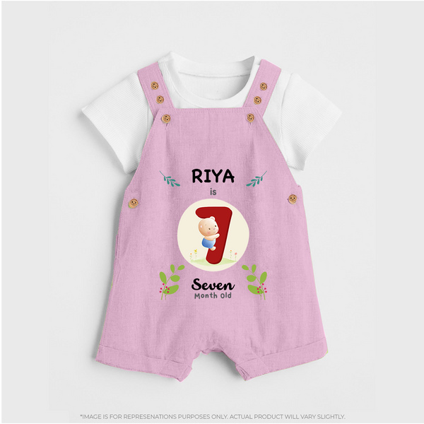 Customized Baby Dungaree Set | Celebrate 7th Month | Soft & Comfy Fit Dungaree Set - BABY PINK - 0 - 5 Months Old (Chest 18")