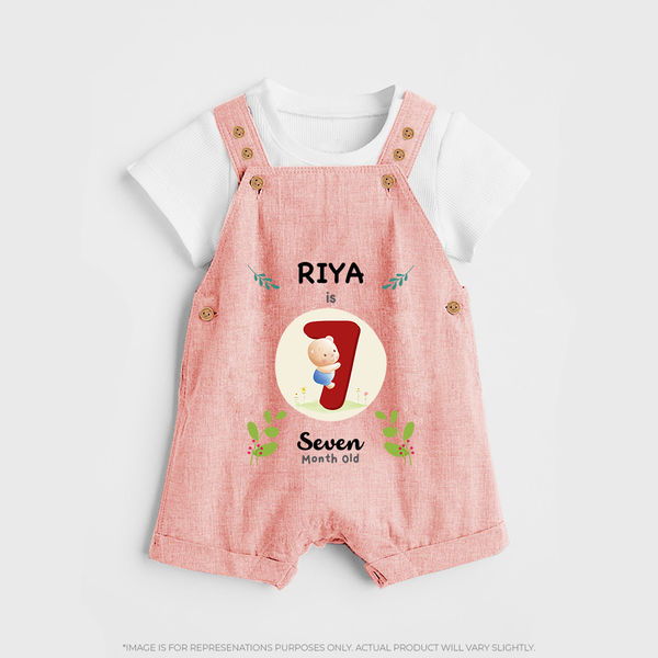 Customized Baby Dungaree Set | Celebrate 7th Month | Soft & Comfy Fit Dungaree Set - PEACH - 0 - 5 Months Old (Chest 18")