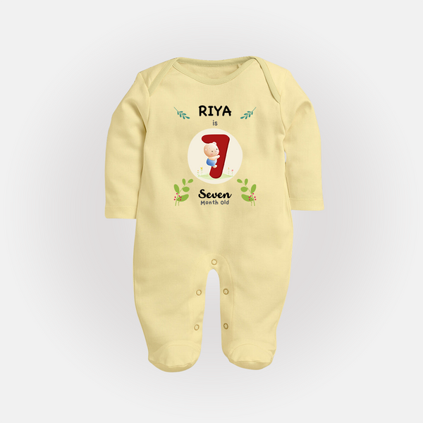 Customized Baby Full Sleeve Bodysuit/ Sleep Suit/ Jumpsuit | Celebrate 7th Month | Soft & Comfy Fit Full Sleeve Bodysuit/ Sleep Suit/ Jumpsuit - PASTEL YELLOW - New Born (Chest 7.5")