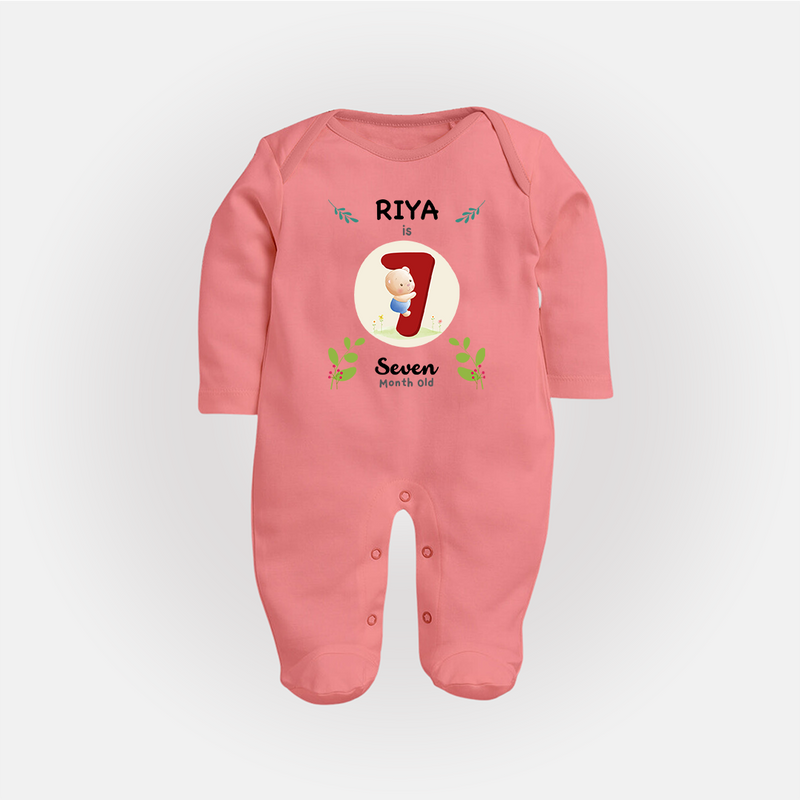 Celebrate Seven month of joy with our delightful customized Sleep Suit For Babies - PEACH - New Born (Chest 7.5")