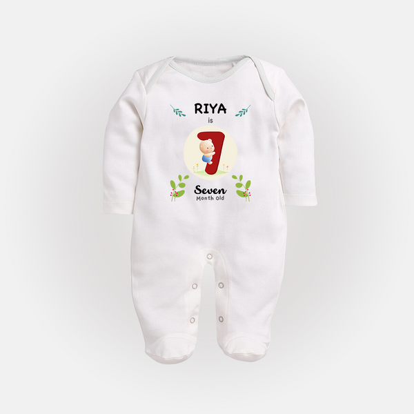 Customized Baby Full Sleeve Bodysuit/ Sleep Suit/ Jumpsuit | Celebrate 7th Month | Soft & Comfy Fit Full Sleeve Bodysuit/ Sleep Suit/ Jumpsuit - WHITE - New Born (Chest 7.5")