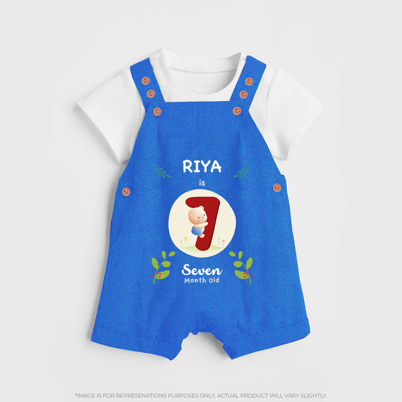 Customized Baby Dungaree Set | Celebrate 7th Month | Soft & Comfy Fit Dungaree Set - COBALT BLUE - 0 - 5 Months Old (Chest 18")
