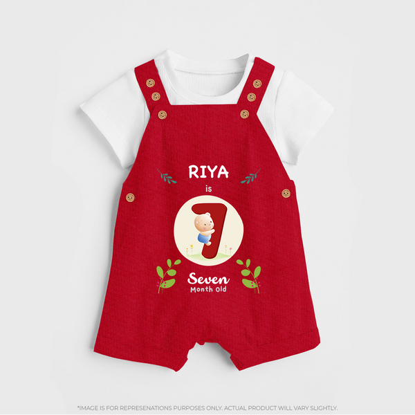 Customized Baby Dungaree Set | Celebrate 7th Month | Soft & Comfy Fit Dungaree Set - RED - 0 - 5 Months Old (Chest 18")
