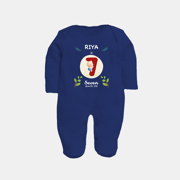 Customized Baby Full Sleeve Bodysuit/ Sleep Suit/ Jumpsuit | Celebrate 7th Month | Soft & Comfy Fit Full Sleeve Bodysuit/ Sleep Suit/ Jumpsuit - NAVY BLUE - New Born (Chest 7.5")