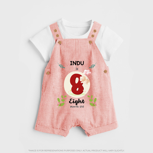 Customized Baby Dungaree Set | Celebrate 8th Month | Soft & Comfy Fit Dungaree Set - PEACH - 0 - 5 Months Old (Chest 18")