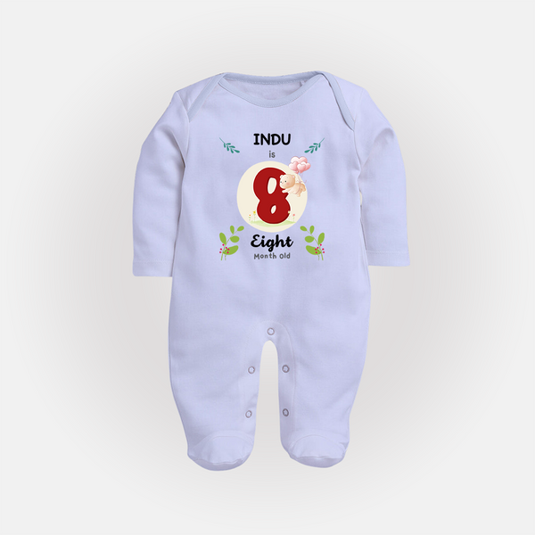 Customized Baby Full Sleeve Bodysuit/ Sleep Suit/ Jumpsuit | Celebrate 8th Month | Soft & Comfy Fit Full Sleeve Bodysuit/ Sleep Suit/ Jumpsuit - BABY BLUE - New Born (Chest 7.5")