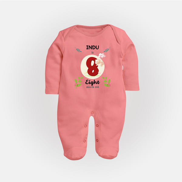 Customized Baby Full Sleeve Bodysuit/ Sleep Suit/ Jumpsuit | Celebrate 8th Month | Soft & Comfy Fit Full Sleeve Bodysuit/ Sleep Suit/ Jumpsuit - PEACH - New Born (Chest 7.5")