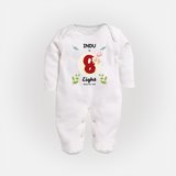 Celebrate Eight month of joy with our delightful customized Sleep Suit For Babies - WHITE - New Born (Chest 7.5")