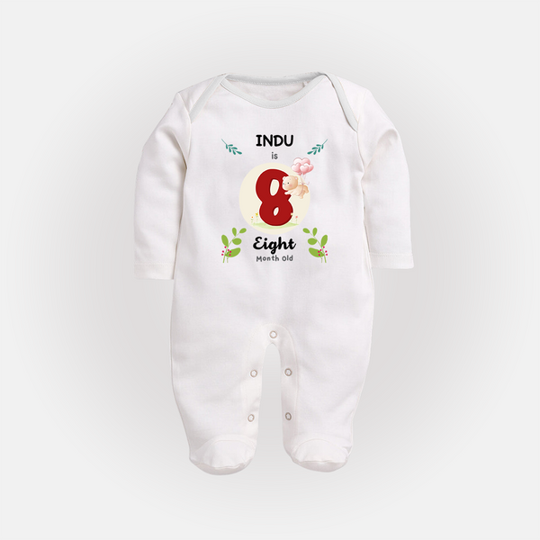 Customized Baby Full Sleeve Bodysuit/ Sleep Suit/ Jumpsuit | Celebrate 8th Month | Soft & Comfy Fit Full Sleeve Bodysuit/ Sleep Suit/ Jumpsuit - WHITE - New Born (Chest 7.5")
