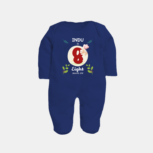 Customized Baby Full Sleeve Bodysuit/ Sleep Suit/ Jumpsuit | Celebrate 8th Month | Soft & Comfy Fit Full Sleeve Bodysuit/ Sleep Suit/ Jumpsuit - NAVY BLUE - New Born (Chest 7.5")