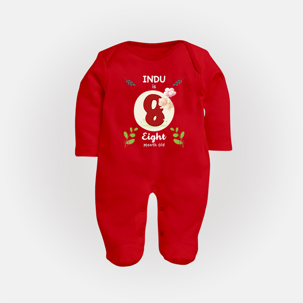 Customized Baby Full Sleeve Bodysuit/ Sleep Suit/ Jumpsuit | Celebrate 8th Month | Soft & Comfy Fit Full Sleeve Bodysuit/ Sleep Suit/ Jumpsuit - RED - New Born (Chest 7.5")