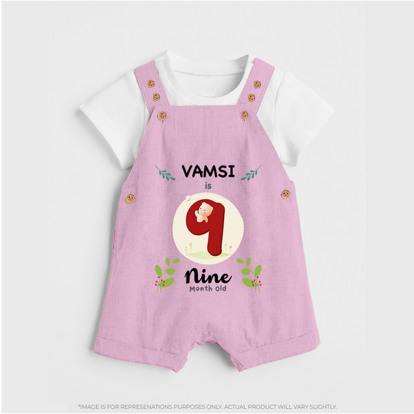 Customized Baby Dungaree Set | Celebrate 9th Month | Soft & Comfy Fit Dungaree Set - BABY PINK - 0 - 5 Months Old (Chest 18")