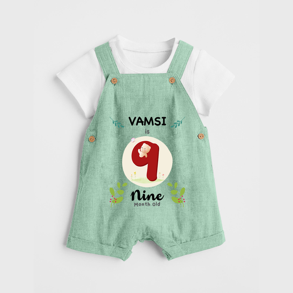Customized Baby Dungaree Set | Celebrate 9th Month | Soft & Comfy Fit Dungaree Set - MINT GREEN - 0 - 5 Months Old (Chest 18")