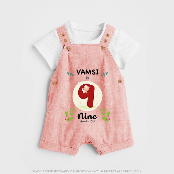 Customized Baby Dungaree Set | Celebrate 9th Month | Soft & Comfy Fit Dungaree Set - PEACH - 0 - 5 Months Old (Chest 18")
