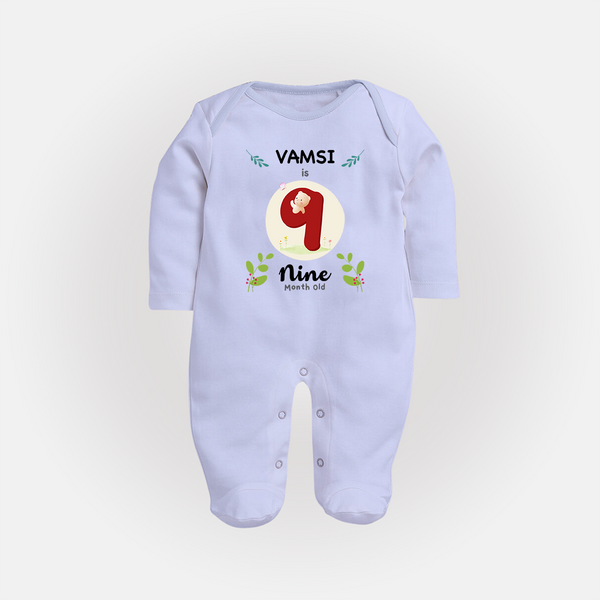 Customized Baby Full Sleeve Bodysuit/ Sleep Suit/ Jumpsuit | Celebrate 9th Month | Soft & Comfy Fit Full Sleeve Bodysuit/ Sleep Suit/ Jumpsuit - BABY BLUE - New Born (Chest 7.5")