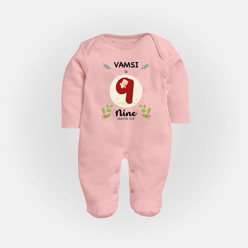 Customized Baby Full Sleeve Bodysuit/ Sleep Suit/ Jumpsuit | Celebrate 9th Month | Soft & Comfy Fit Full Sleeve Bodysuit/ Sleep Suit/ Jumpsuit - BABY PINK - New Born (Chest 7.5")