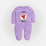 Customized Baby Full Sleeve Bodysuit/ Sleep Suit/ Jumpsuit | Celebrate 9th Month | Soft & Comfy Fit Full Sleeve Bodysuit/ Sleep Suit/ Jumpsuit - LILAC - New Born (Chest 7.5")