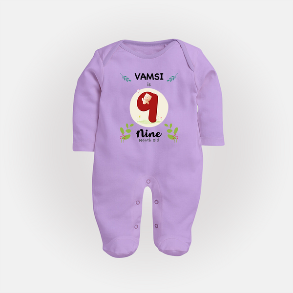 Customized Baby Full Sleeve Bodysuit/ Sleep Suit/ Jumpsuit | Celebrate 9th Month | Soft & Comfy Fit Full Sleeve Bodysuit/ Sleep Suit/ Jumpsuit - LILAC - New Born (Chest 7.5")