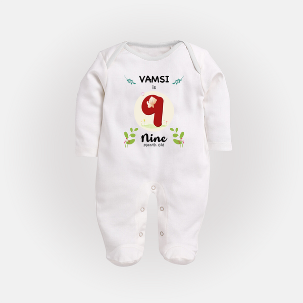 Customized Baby Full Sleeve Bodysuit/ Sleep Suit/ Jumpsuit | Celebrate 9th Month | Soft & Comfy Fit Full Sleeve Bodysuit/ Sleep Suit/ Jumpsuit - WHITE - New Born (Chest 7.5")