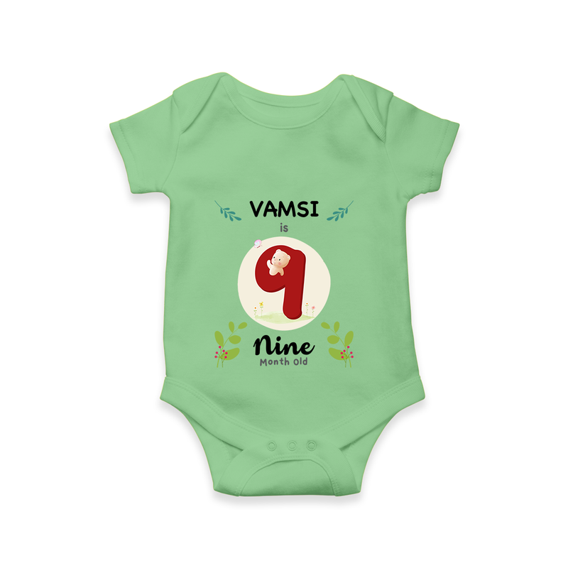 Mark your little one's Ninth month with a personalized romper/onesie featuring their name! - GREEN - 0 - 3 Months Old (Chest 16")