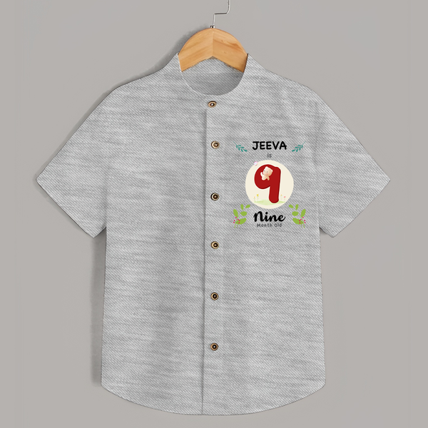 Customized Baby Shirt | Celebrate 9th Month | Soft & Comfy Fit Shirt - GREY - 0 - 6 Months Old (Chest 23")