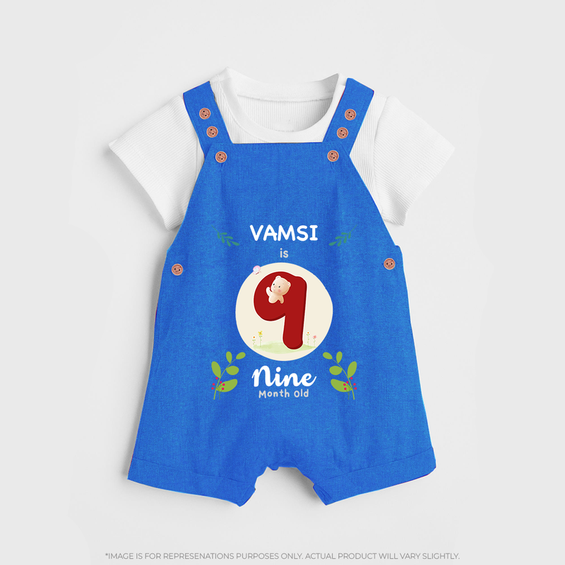 Customized Baby Dungaree Set | Celebrate 9th Month | Soft & Comfy Fit Dungaree Set - COBALT BLUE - 0 - 5 Months Old (Chest 18")