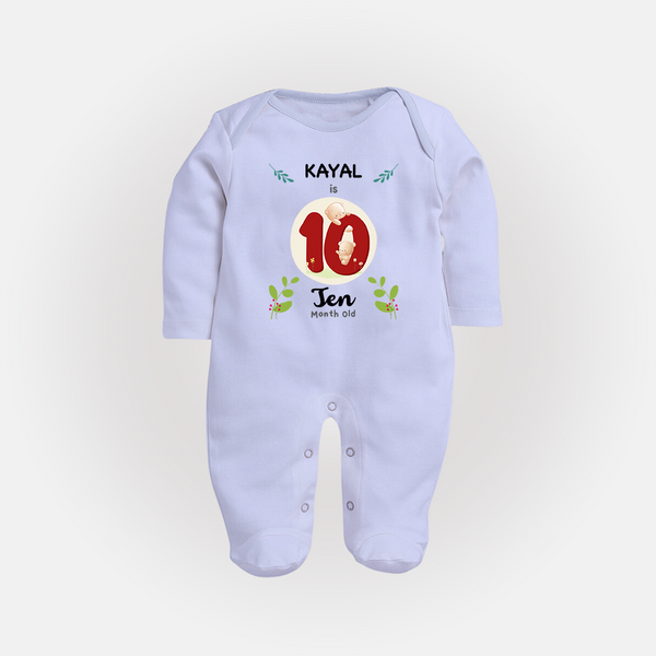 Customized Baby Full Sleeve Bodysuit/ Sleep Suit/ Jumpsuit | Celebrate 10th Month | Soft & Comfy Fit Full Sleeve Bodysuit/ Sleep Suit/ Jumpsuit - BABY BLUE - New Born (Chest 7.5")