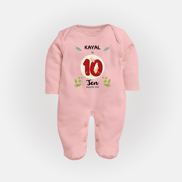 Customized Baby Full Sleeve Bodysuit/ Sleep Suit/ Jumpsuit | Celebrate 10th Month | Soft & Comfy Fit Full Sleeve Bodysuit/ Sleep Suit/ Jumpsuit - BABY PINK - New Born (Chest 7.5")