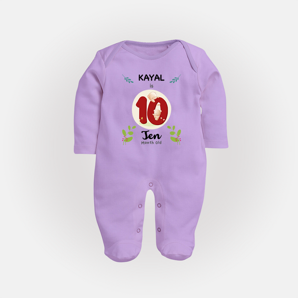 Customized Baby Full Sleeve Bodysuit/ Sleep Suit/ Jumpsuit | Celebrate 10th Month | Soft & Comfy Fit Full Sleeve Bodysuit/ Sleep Suit/ Jumpsuit - LILAC - New Born (Chest 7.5")
