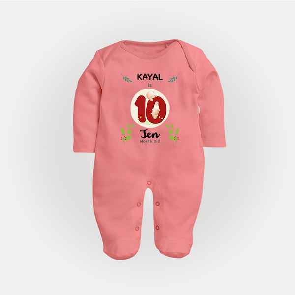 Customized Baby Full Sleeve Bodysuit/ Sleep Suit/ Jumpsuit | Celebrate 10th Month | Soft & Comfy Fit Full Sleeve Bodysuit/ Sleep Suit/ Jumpsuit - PEACH - New Born (Chest 7.5")