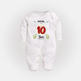 Celebrate Ten month of joy with our delightful customized Sleep Suit For Babies - WHITE - New Born (Chest 7.5")