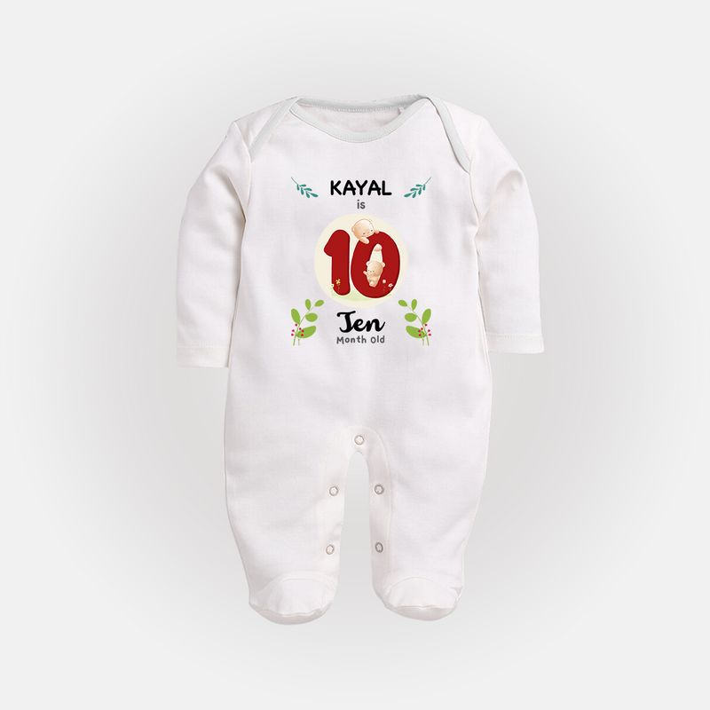 Celebrate Ten month of joy with our delightful customized Sleep Suit For Babies - WHITE - New Born (Chest 7.5")